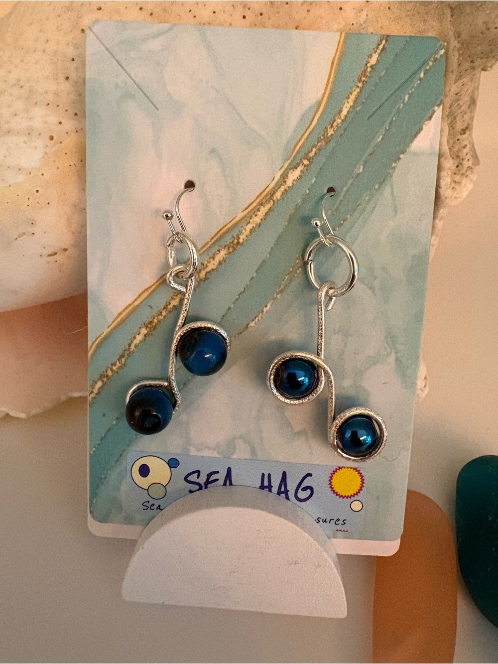 Blue Glass Orb Silver Dangle Earrings